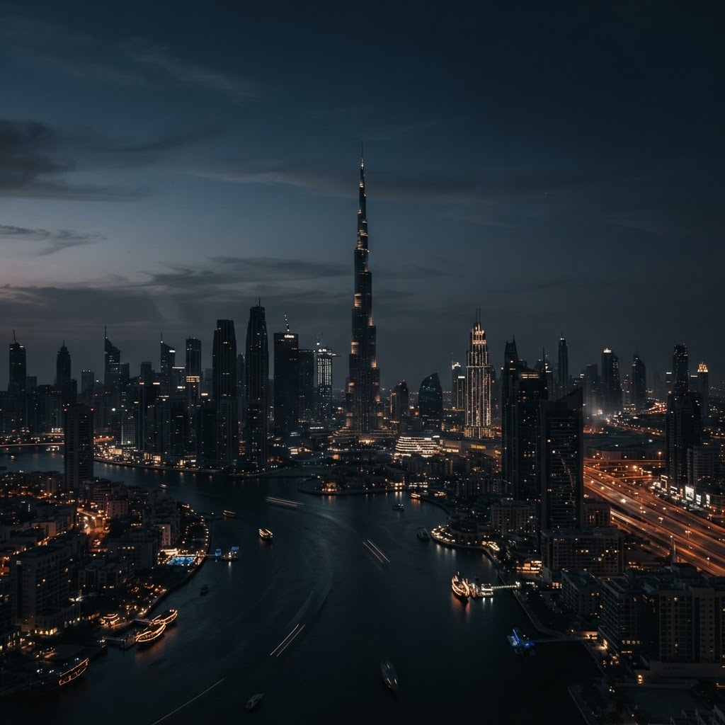 The Dubai skyline at dusk